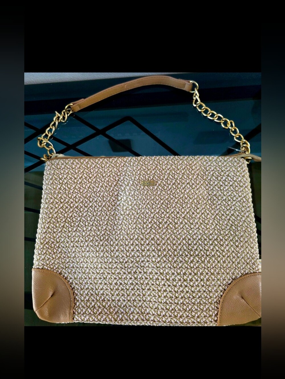 Sun & Sand Woven Shoulder Bag with Tan Leather Trim and Gold Chain
